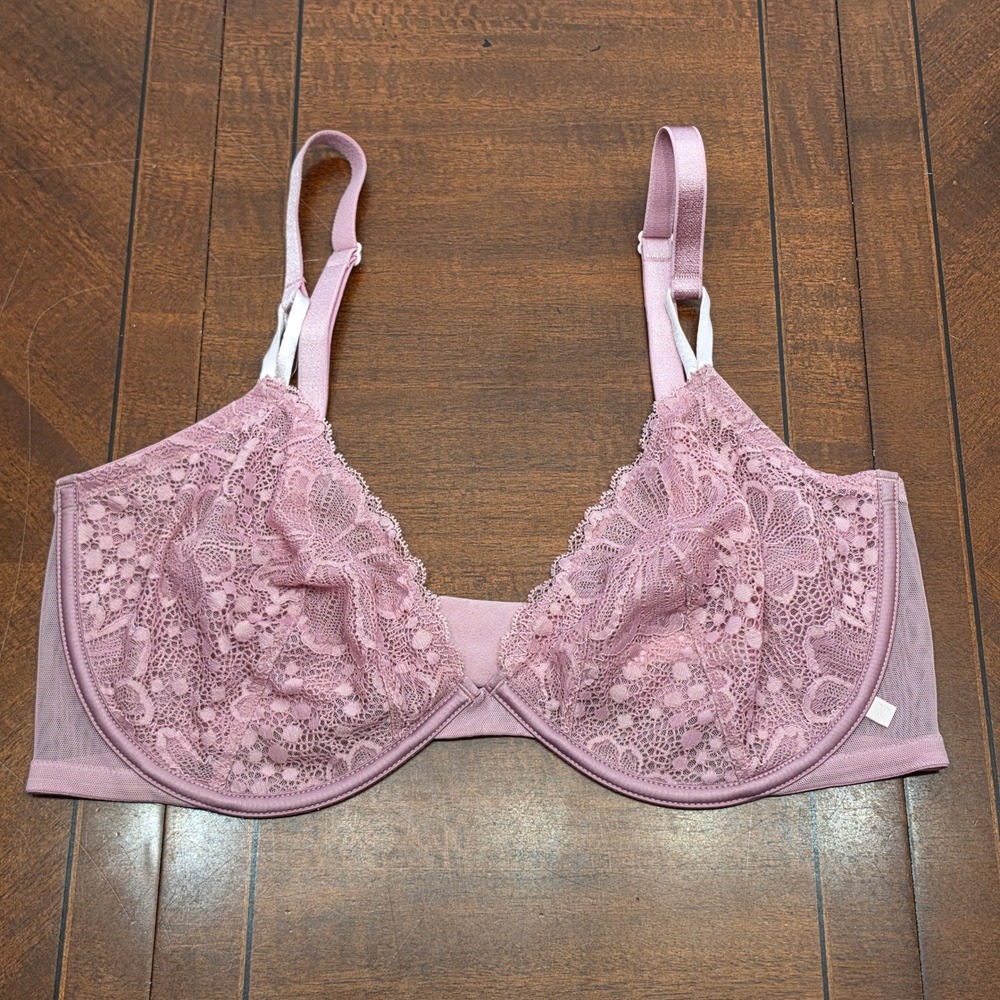 Victoria's Secret Unlined Demi Bra 38DD Dusty Pink Floral Lace Mesh Underwire